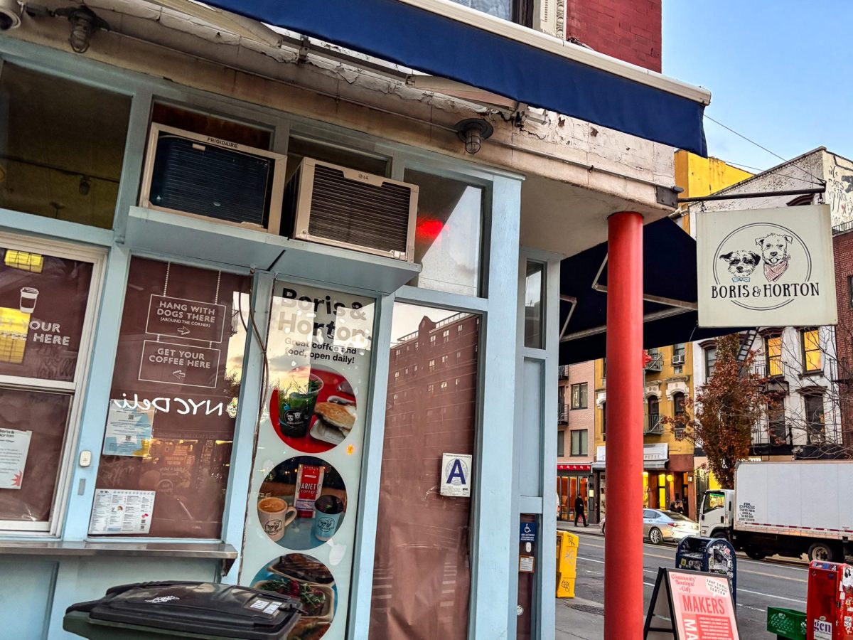 The front of a light blue painted store with a hanging sign with two dogs and words that reads “BORIS and HORTON.”