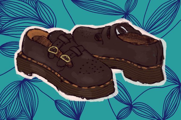 An illustration of a brown pair of Mary Jane loafers against a blue background.