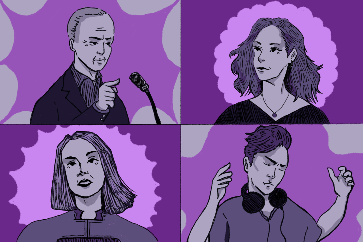 A four panel illustration of four different people drawn in a monochrome purple pallet.