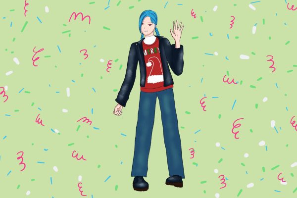 An illustration of a girl with bright blue braids wearing a red sweater with a santa hat and green and white letters that read “MERRY” on it.