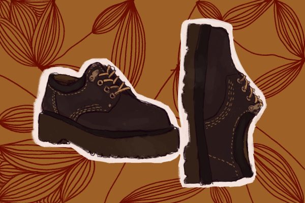 An illustration of a pair of dark brown platform shoes against a muted orange background