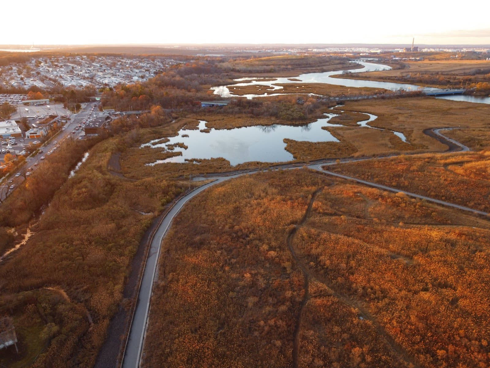 An aerial view of a lake surrounded by an orange grove and different rivers sourcing from it.