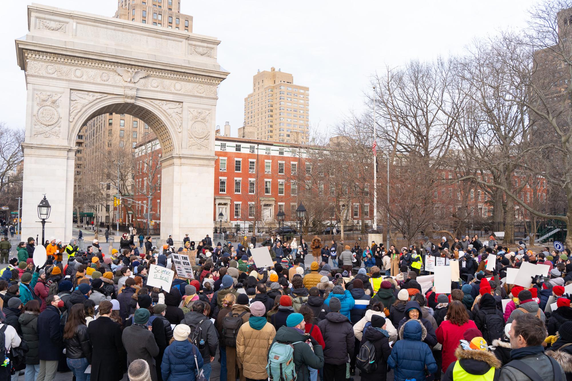 Hundreds protest Trump research cuts in Washington Square Park