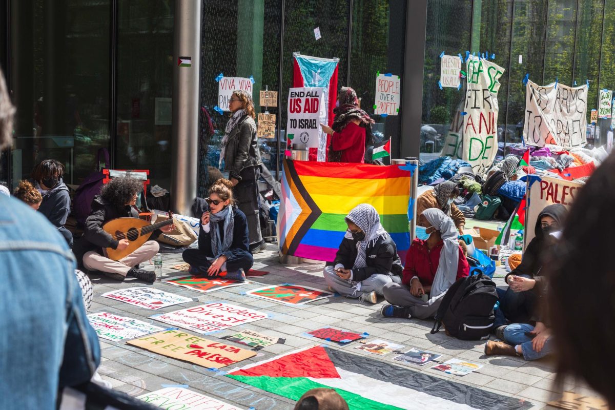 Four days after the events at Gould Plaza, over 200 demonstrators reestablished the Gaza Solidarity Encampment outside the Paulson Center, which would last two weeks. (Samson Tu for WSN)