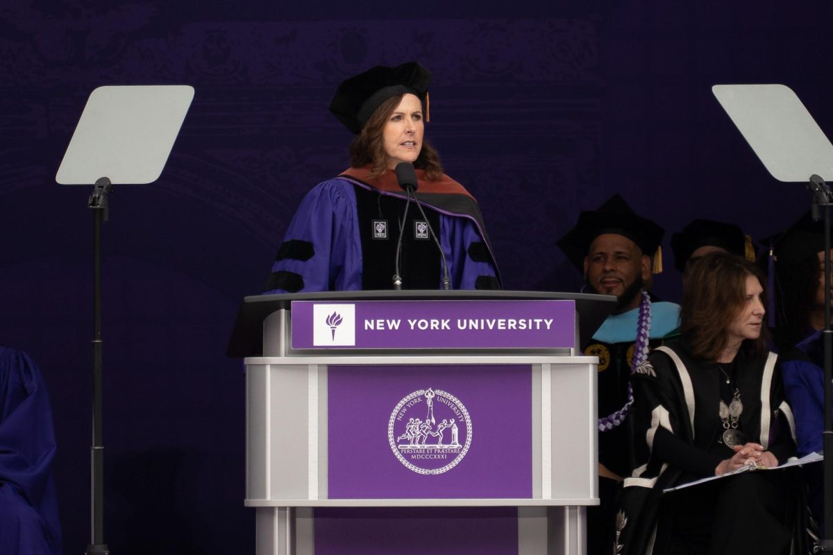 SNL star and Tisch alum Molly Shannon addressed the class of 2025 in Yankee Stadium on Thursday, May 15. (Alex Woodworth for WSN)
