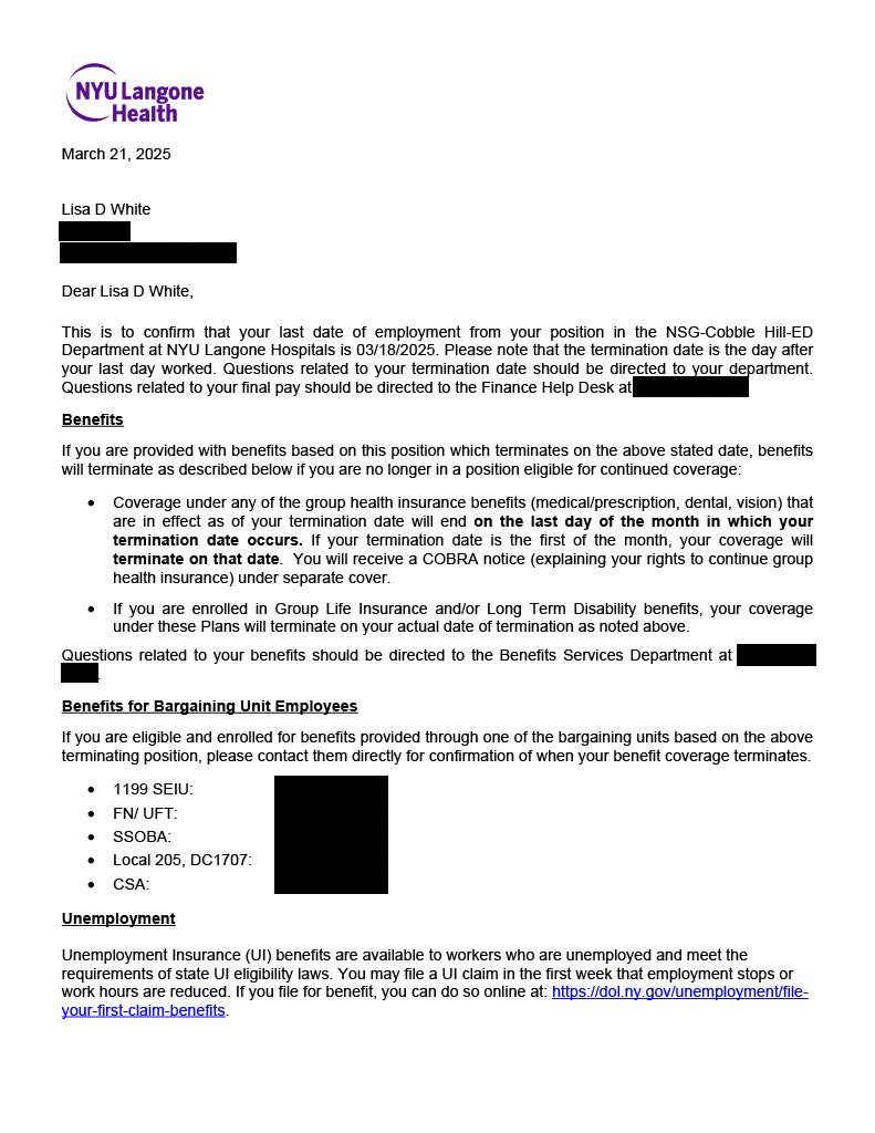 Lisa White's Termination Letter