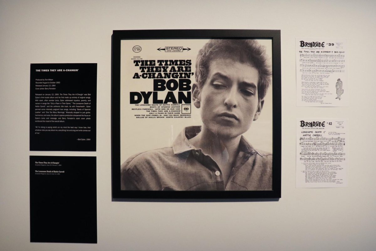 Pieces from the “How Many Roads: Bob Dylan and his Changing Times, 1961–1964” exhibit at the Gallatin Galleries. (Sophie Hess for WSN)