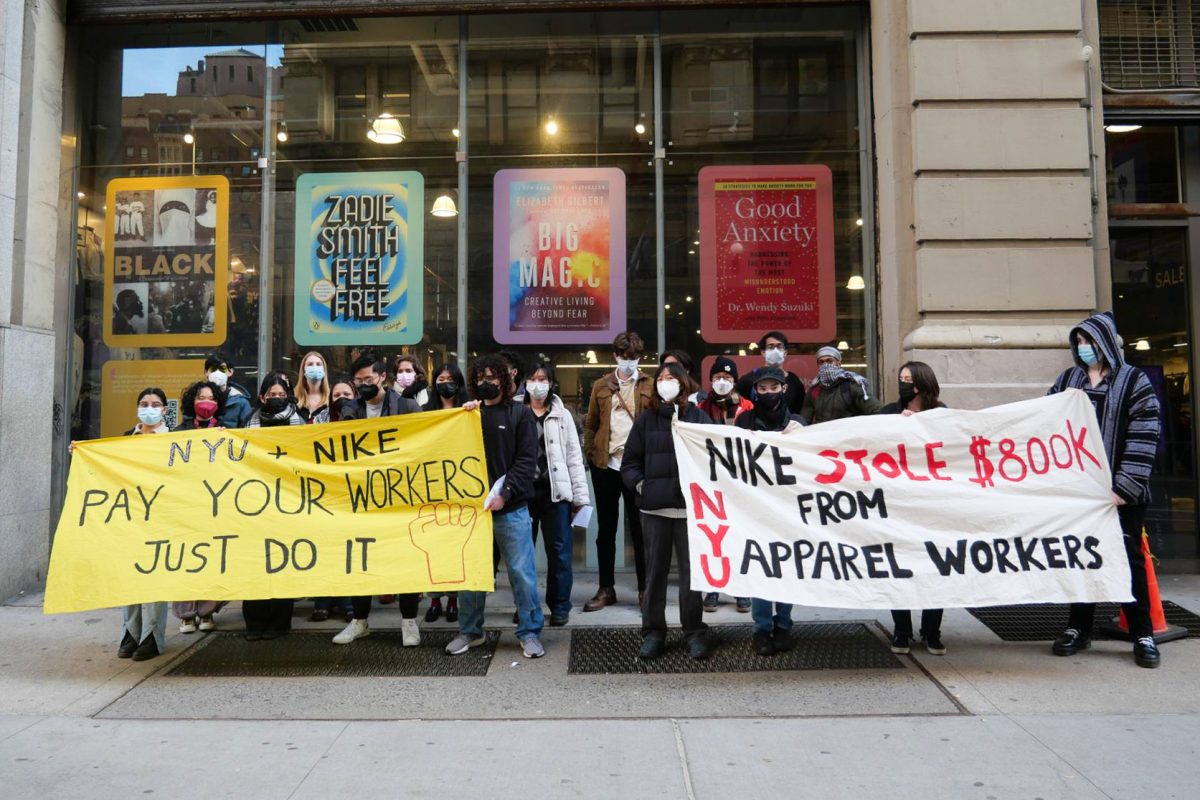 Students protest Nike outside of the NYU Bookstore in 2024. (Courtesy of Pay Your Workers NYU)