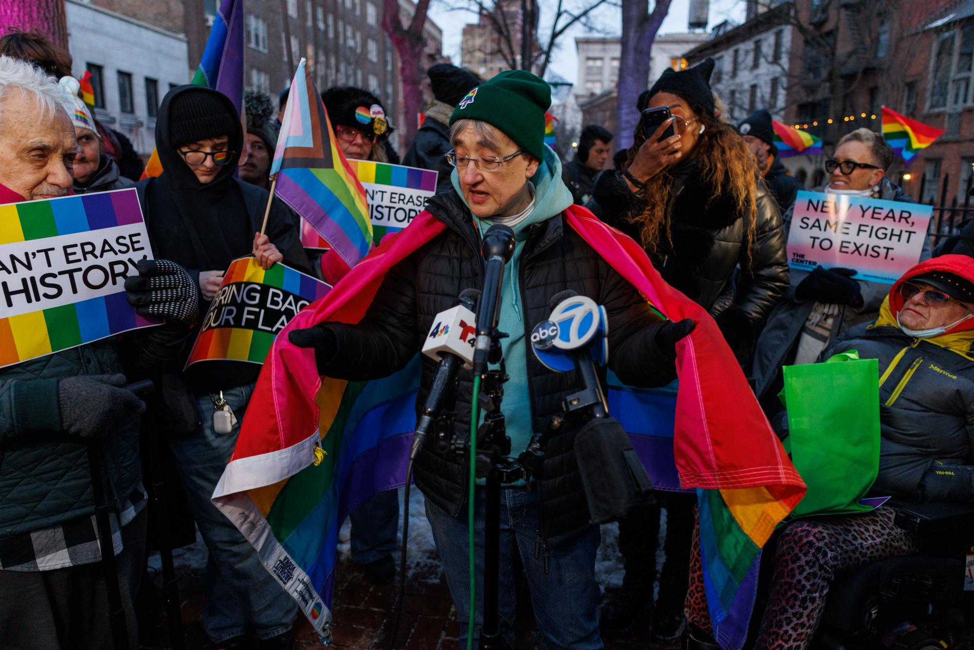 Hundreds protest Trump administration’s pride flag removal at Stonewall Inn