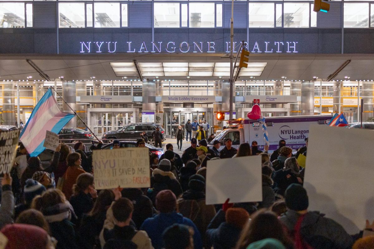 Protest against NYU Langone Health denying gender-affirming care to children on Feb. 3, 2025. (Danny Arensberg for WSN)