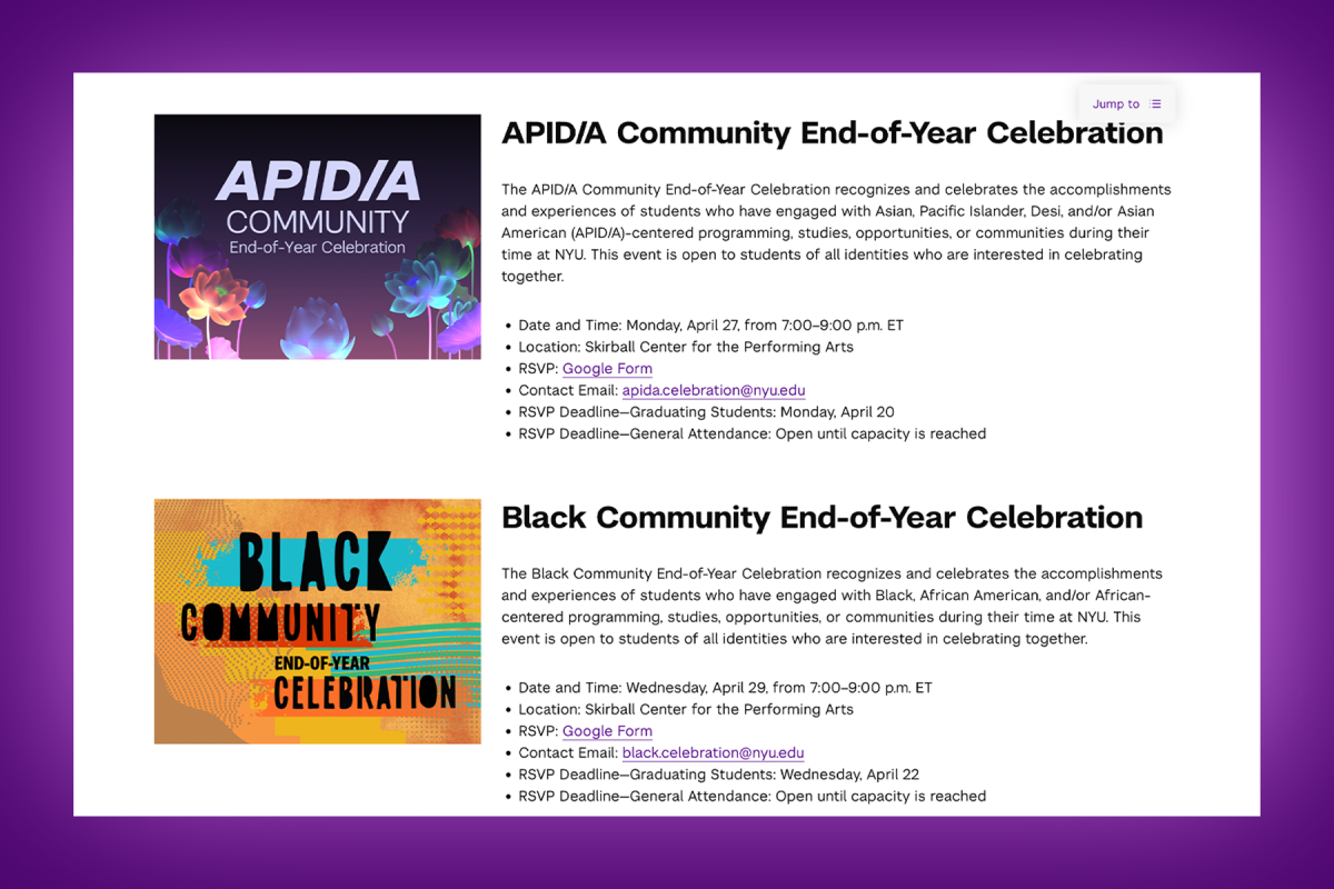 NYU invited graduating students to its new “End-of-Year Student Life Celebrations” website, launched on Thursday.