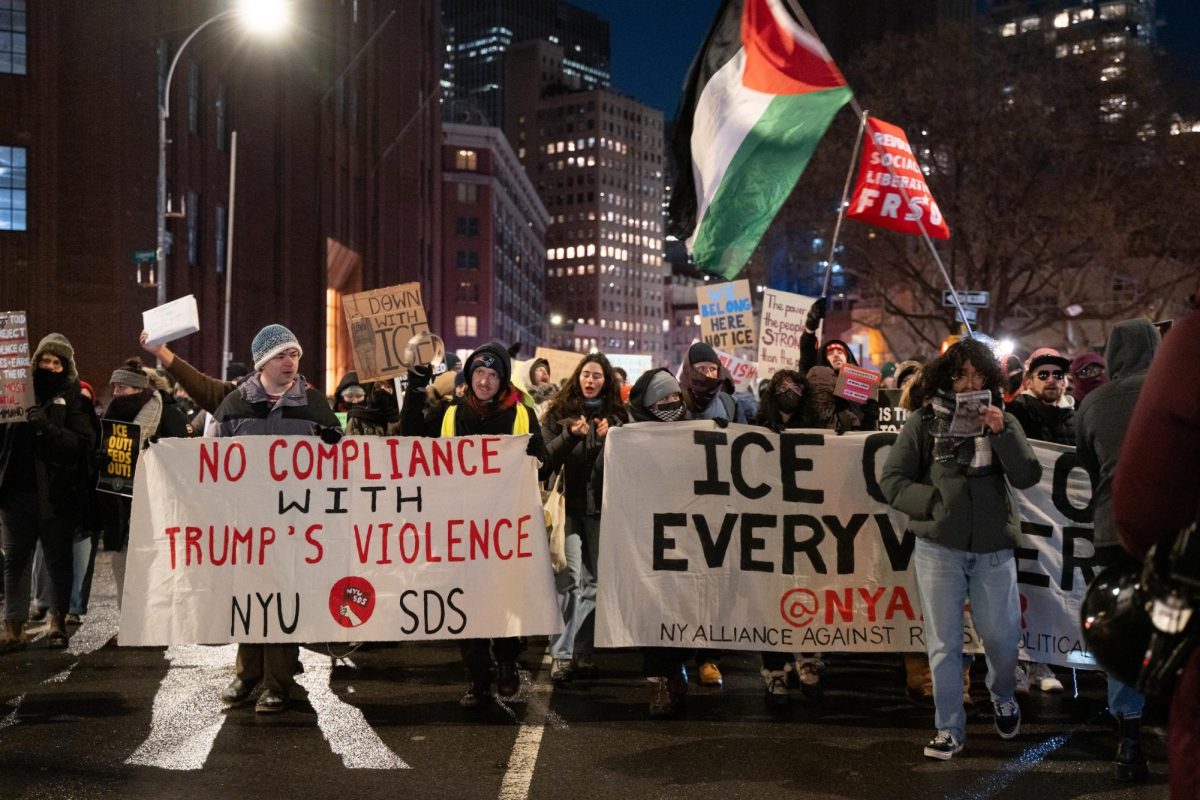 Students rallied in Washington Square Park before marching to Foley Square, joining hundreds in protest of Alex Pretti’s death at the hands of an ICE officer in January. (Alex Woodworth for WSN)