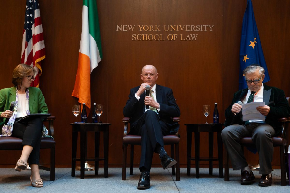 Former European Court of Human Rights President Siofra O’Leary, Chief Justice of Ireland Donal O’Donnell and NYU Law Professor J.H.H. Weiler at a fireside chat, from left to right. (Alex Woodworth for WSN)