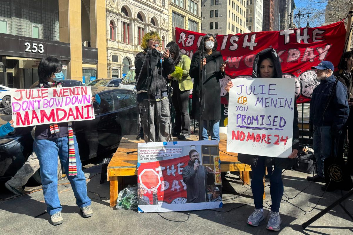 Home care workers and allies rally outside City Hall on April 8. (Aryana Arora for WSN)
