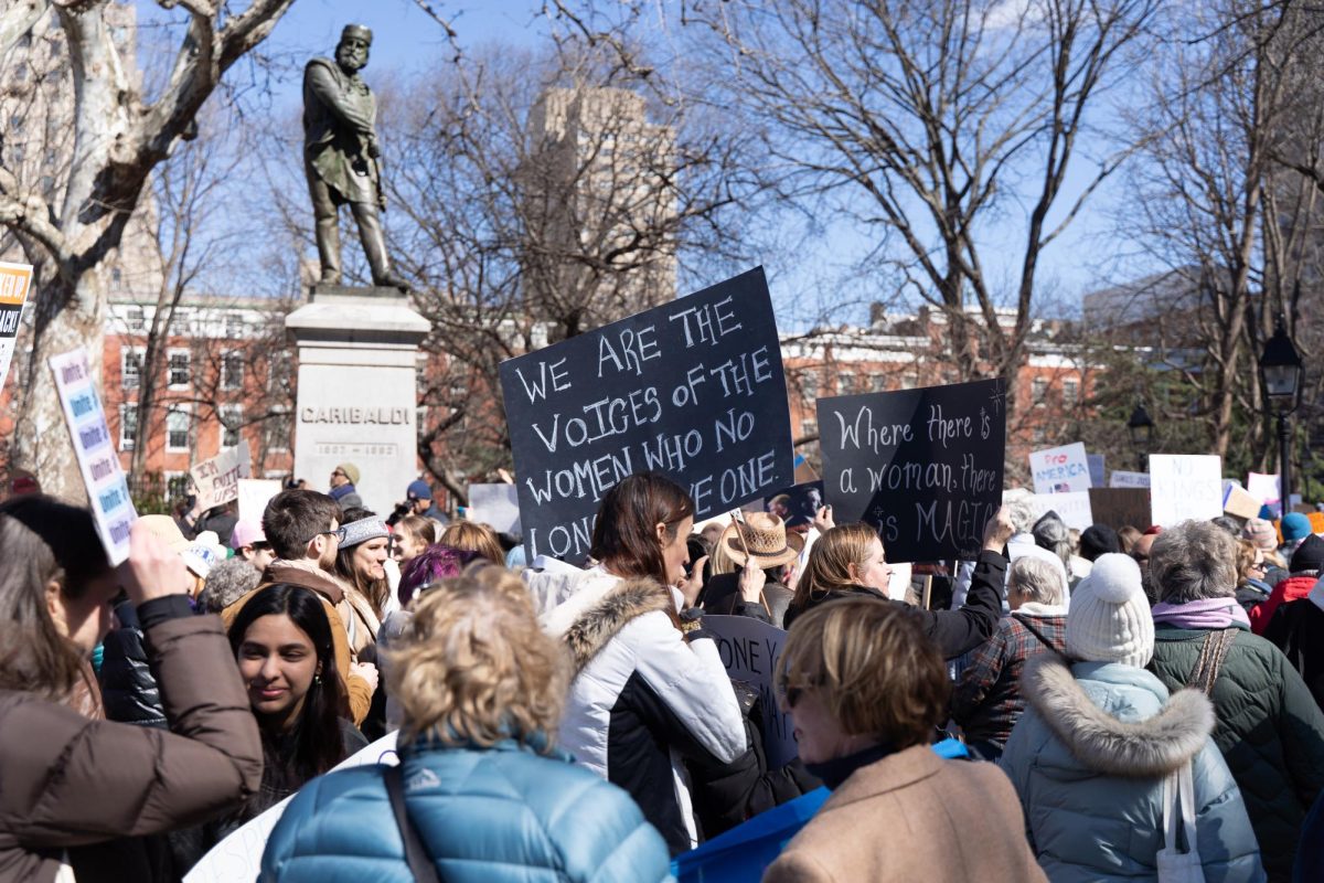Rally for women’s rights in Washington Square Park on March 8, 2025. (Alex Woodworth for WSN)